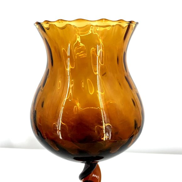 Empoli Candleholder Art Glass Optic Ribbed Twisted Stem Amber Italy 11.75" Tall - Picture 2 of 9